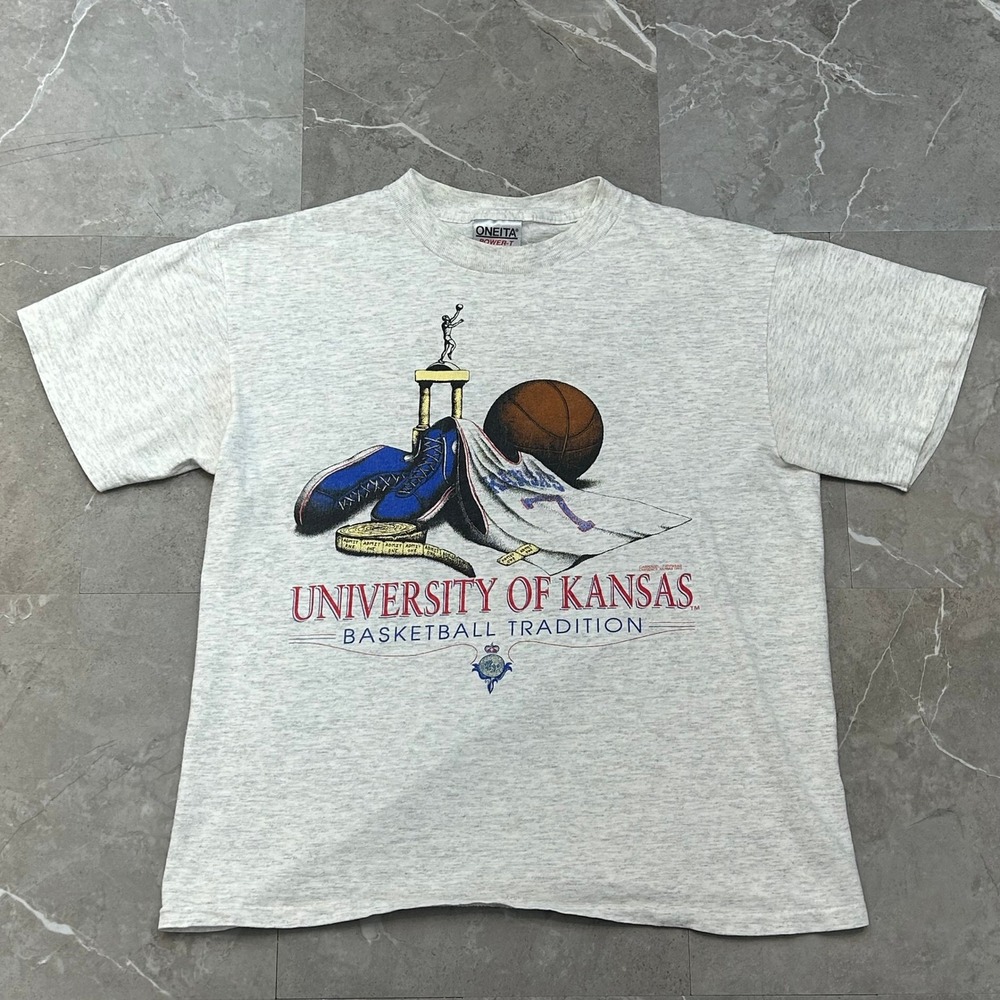 90s Vintage Kansas Jayhawks Graphic Tee Men Medium Basketball Short Sleeve Shirt